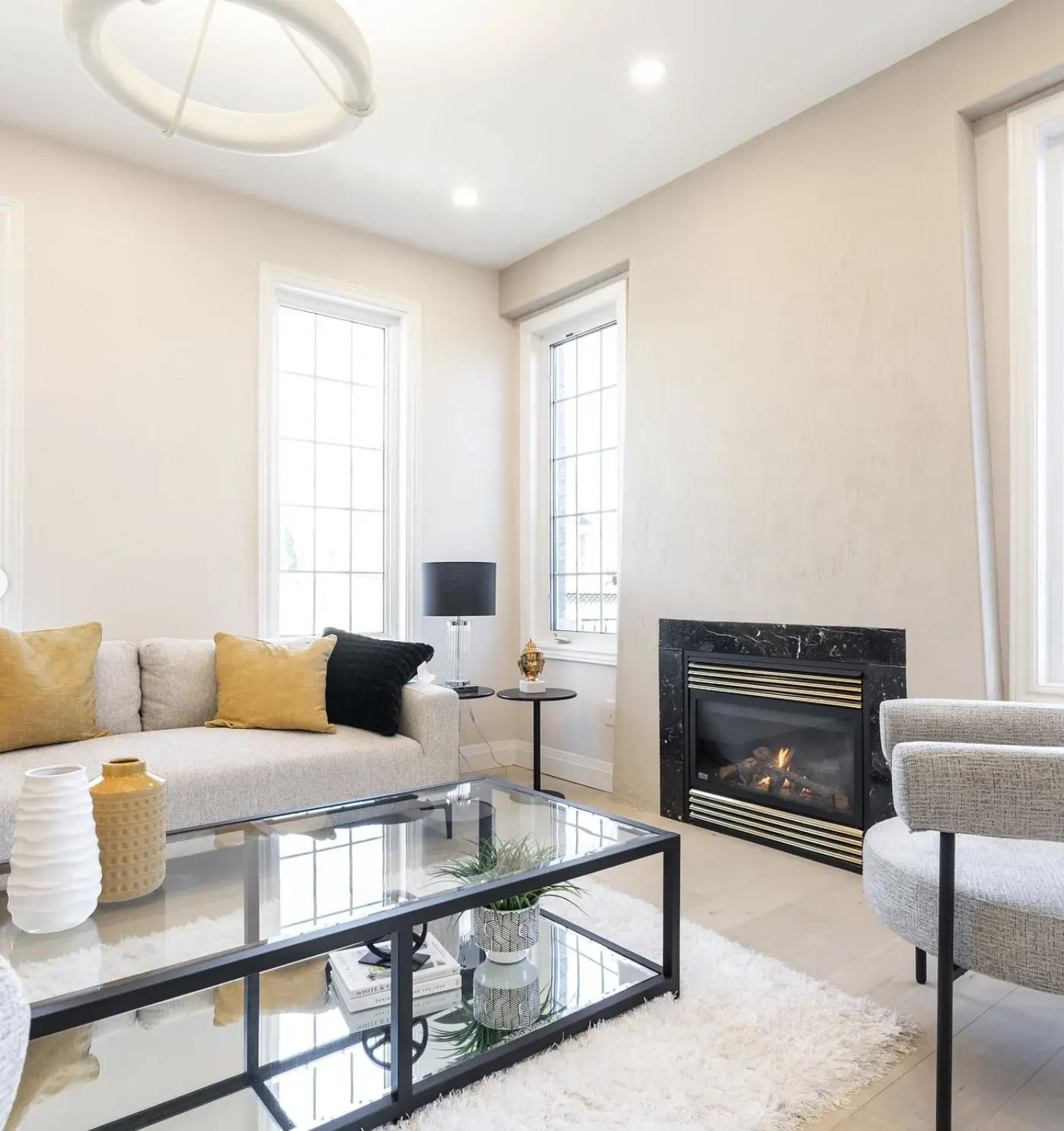 Renovated living room with a fireplace near Markham
