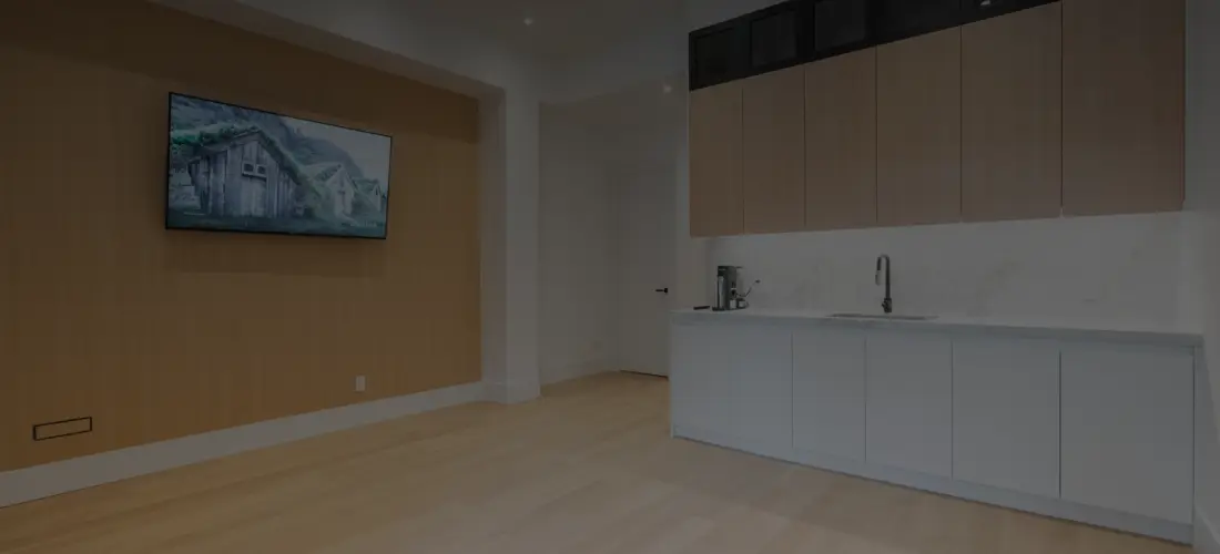 Basement kitchenette with flat-panel cabinets and a wall-mounted TV