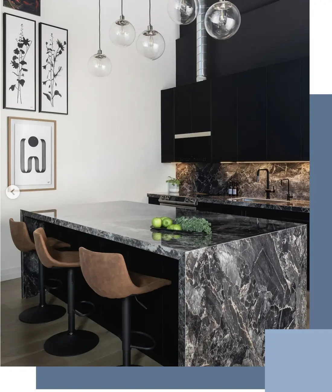 Dark kitchen with a marble waterfall island and bar seating in a Caledon home