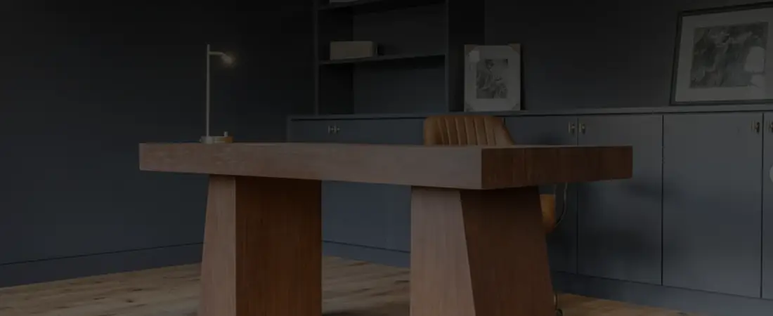 Dining room with a solid wood table and navy cabinetry near Whitby