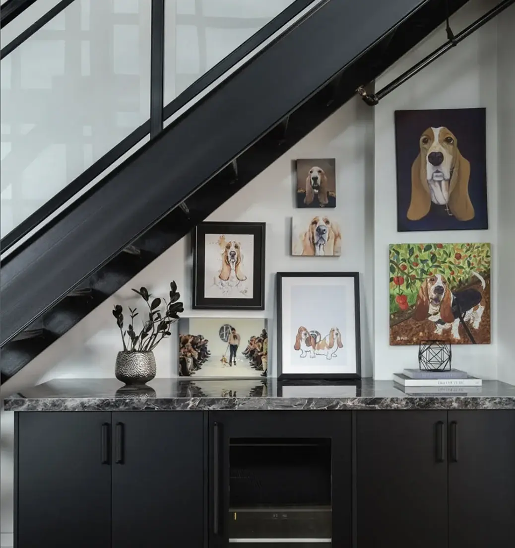 Custom under-stair cabinetry and display shelving in an Oshawa home